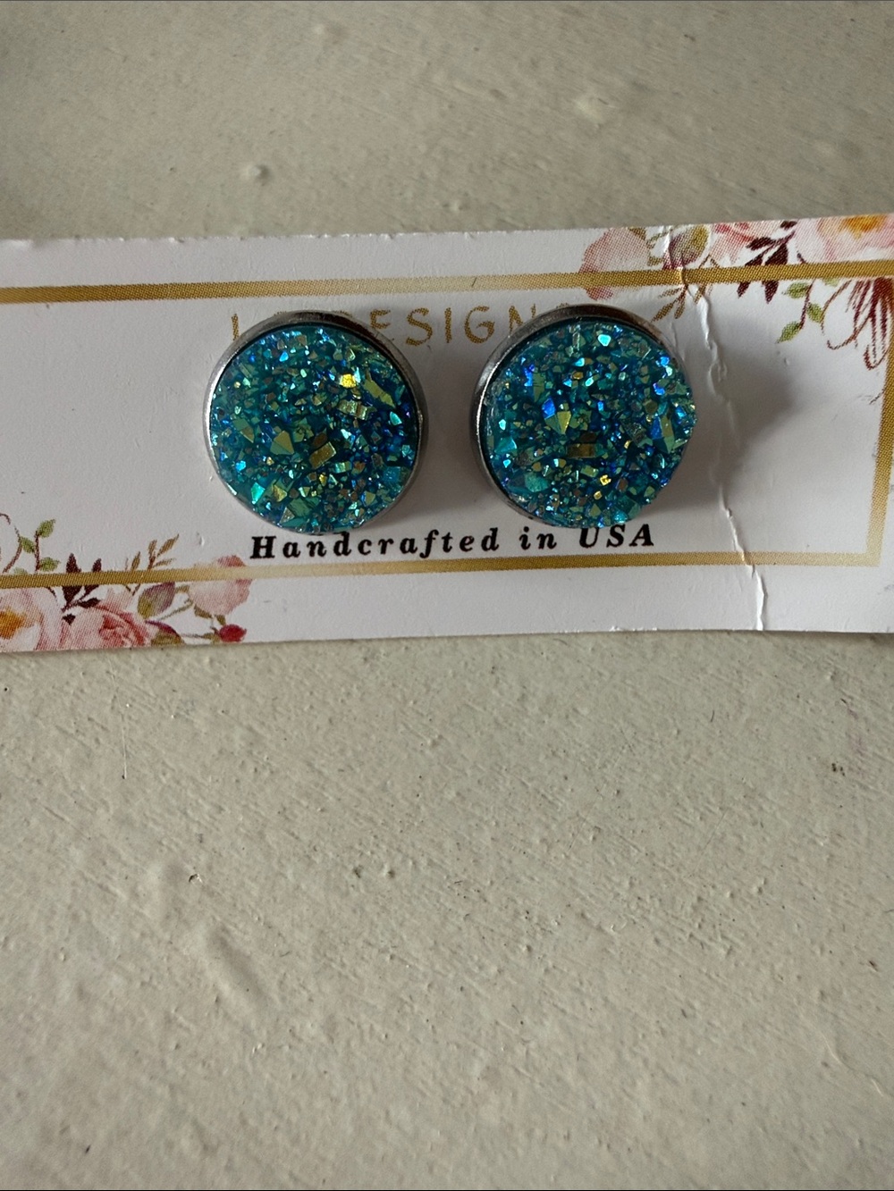 Turquoise Glitter Druzy Stud Earrings
